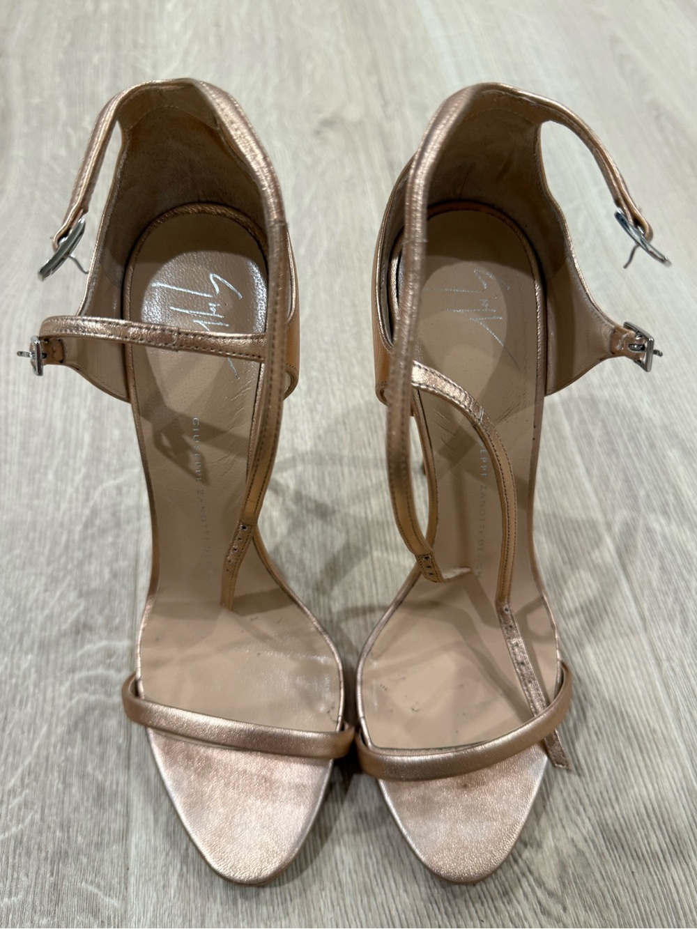 Giuseppe Zanotti Metallic Rose Gold Ankle Strap Heels